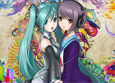 headphones, Vocaloid, Hatsune Miku, blue eyes, patterns, Nagato Yuki, The Melancholy of Haruhi Suzumiya, Snyp, anime girls, detached sleeves - desktop wallpaper