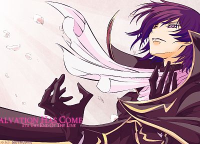 Code Geass, purple hair, Lamperouge Lelouch, anime, purple eyes, flower petals - random desktop wallpaper
