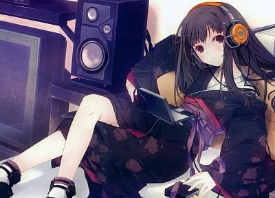 headphones, dress, red eyes, lying down, Japanese clothes, anime girls - desktop wallpaper