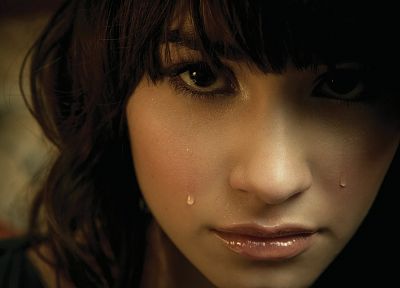 brunettes, women, close-up, tears, Demi Lovato, bangs - desktop wallpaper