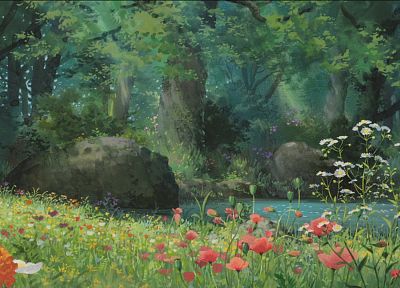 trees, rocks, artwork, Karigurashi no Arrietty, The Secret World of Arrietty, wildflowers - desktop wallpaper