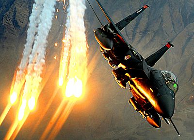 planes, flares, F-15 Eagle - random desktop wallpaper