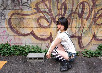 women, Asians, Ushijima Iiniku, bangs, striped legwear - random desktop wallpaper