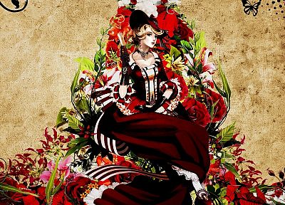 dress, flowers, patterns, steampunk, artwork, anime, hats, anime girls - desktop wallpaper
