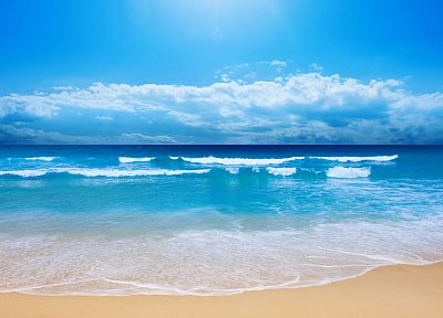 water, blue, clouds, landscapes, nature, sand, waves, skyscapes, blue skies, sea, beaches - related desktop wallpaper
