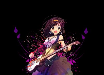 brunettes, The Melancholy of Haruhi Suzumiya, guitars, anime, simple background, anime girls, black background, Suzumiya Haruhi - related desktop wallpaper