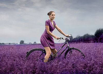 brunettes, women, dress, bicycles, purple, selective coloring, purple dress - duplicate desktop wallpaper