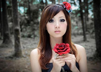 brunettes, women, forests, Asians, anime, roses, Mikako Zhang Kaijie - desktop wallpaper
