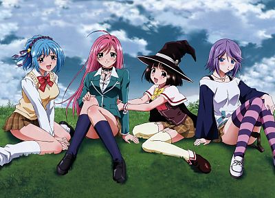 school uniforms, Shirayuki Mizore, Akashiya Moka, Kurono Kurumu, Rosario to Vampire, Sendou Yukari, knee socks, striped legwear - random desktop wallpaper