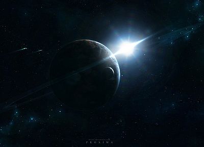 Sun, outer space, stars, planets, rings, spaceships - random desktop wallpaper