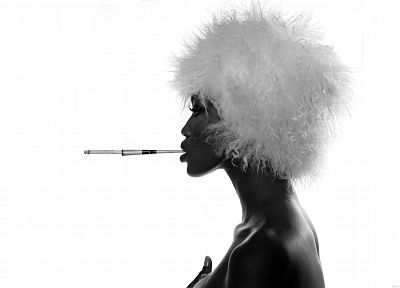 women, grayscale, Naomi Campbell, cigarettes, profile - random desktop wallpaper
