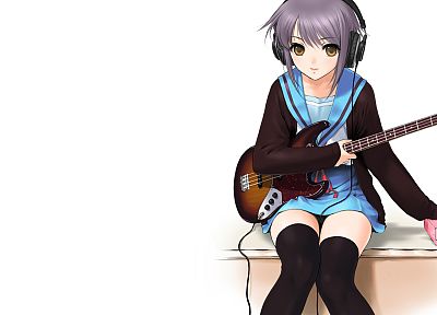 headphones, Nagato Yuki, The Melancholy of Haruhi Suzumiya, guitars, anime, tissue box, simple background, anime girls - random desktop wallpaper