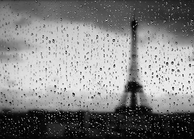Eiffel Tower, rain, glass, wet, condensation, depth of field, rain on glass - random desktop wallpaper