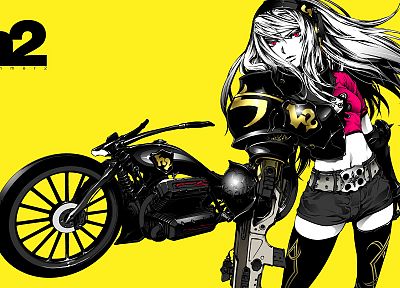 women, gloves, yellow, long hair, belts, weapons, armor, thigh highs, shorts, motorbikes, white hair, purple eyes, amputation, simple background, gauntlets - related desktop wallpaper