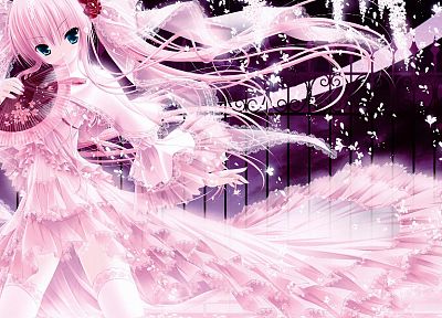dress, fences, pink, blue eyes, tights, anime, flower petals, Tinkle Illustrations, roses, pink dress, anime girls, fans - related desktop wallpaper