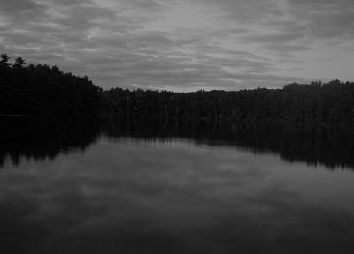 clouds, black, dark, forests, gray, eerie, lakes, reflections - random desktop wallpaper