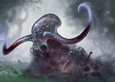 monsters, Cthulhu, octopuses, fantasy art, skeletons, artwork, occult - related desktop wallpaper