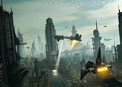 futuristic, ships, buildings, skyscrapers, science fiction, cities - related desktop wallpaper