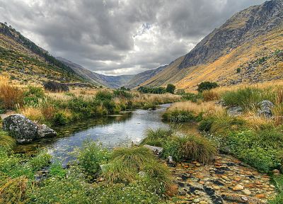 water, mountains, landscapes, nature, valleys, plants, streams - desktop wallpaper