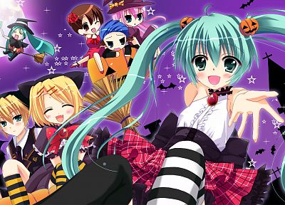Vocaloid, Hatsune Miku, Halloween, Megurine Luka, Kaito (Vocaloid), Kagamine Rin, Kagamine Len, Meiko, striped legwear - desktop wallpaper
