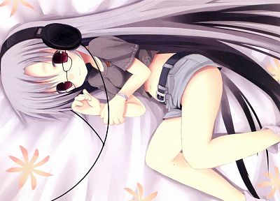 headphones, glasses, long hair, red eyes - desktop wallpaper