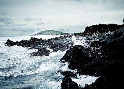 water, waves, rocks, shore, ripples, splashes, sea - duplicate desktop wallpaper