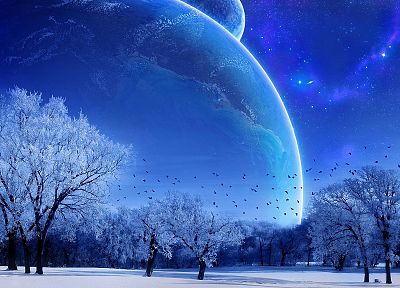 snow, stars, planets - desktop wallpaper