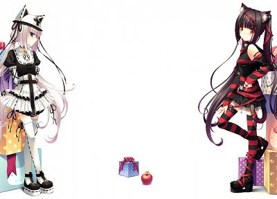 nekomimi, animal ears, Sayori Neko Works, simple background, original characters, Chocolat (Sayori), Vanilla (Sayori), striped legwear - related desktop wallpaper