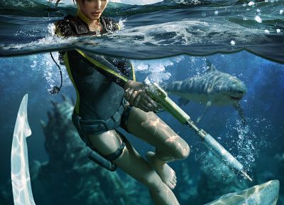 video games, Tomb Raider, Lara Croft, sharks - desktop wallpaper