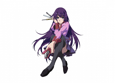 long hair, Bakemonogatari, purple hair, Senjougahara Hitagi, simple background, anime girls, Monogatari series - related desktop wallpaper