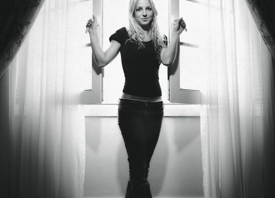 blondes, women, jeans, Britney Spears, window, grayscale, singers, monochrome - desktop wallpaper
