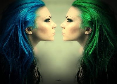 women, blue hair, green hair - desktop wallpaper