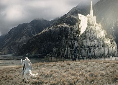 mountains, movies, Minas Tirith, Gandalf, The Lord of the Rings, fantasy art, horses, Ian Mckellen, staff, Gondor, The Return of the King - related desktop wallpaper
