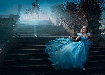 fantasy, Scarlett Johansson, stairways, Cinderella, blue dress, Annie Leibovitz - random desktop wallpaper