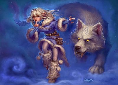 blondes, women, snow, magic, artwork, wolves - random desktop wallpaper