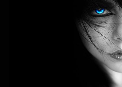 women, blue eyes, selective coloring, faces, black background - random desktop wallpaper