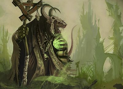 skulls, Warhammer, horns, fantasy art, artwork, rats, Skaven, staff - random desktop wallpaper