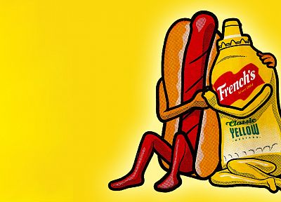 yellow, food, hotdogs, mustard, artwork, sausages, yellow background - desktop wallpaper
