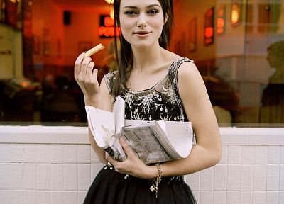 dress, Keira Knightley, french fries, newspapers - related desktop wallpaper
