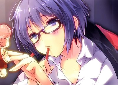 glasses, purple hair, Hidamari Sketch, meganekko, anime girls, artist - related desktop wallpaper