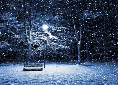 winter, snow, night, bench, lamp posts - related desktop wallpaper
