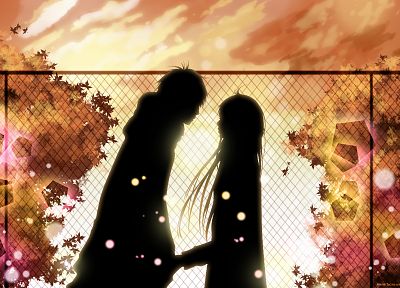 fences, silhouettes, couple, Kimi ni Todoke, chain link fence - random desktop wallpaper