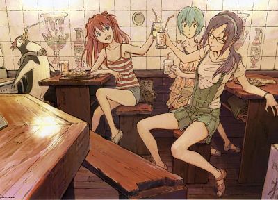 redheads, glasses, Ayanami Rei, Neon Genesis Evangelion, penguins, Makinami Mari Illustrious, Asuka Langley Soryu, anime girls - random desktop wallpaper