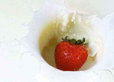 fruits, milk, food, strawberries, white background, splashes - desktop wallpaper