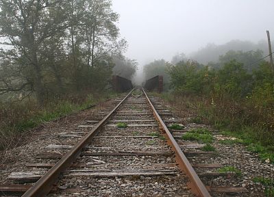 nature, trains, fog, railroad tracks, vehicles - desktop wallpaper