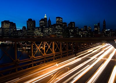 lights, bridges, buildings, New York City, Manhattan, skyscrapers, long exposure - desktop wallpaper