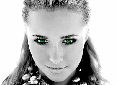 women, actress, Hayden Panettiere, celebrity, green eyes, grayscale, selective coloring, faces, white background - random desktop wallpaper