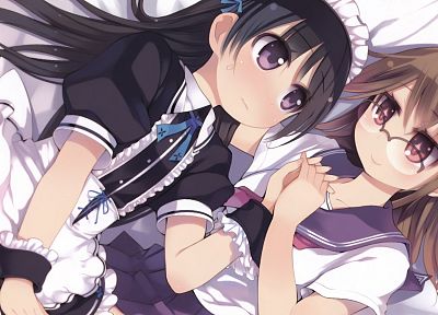 brunettes, maids, glasses, purple eyes, holding hands, anime girls - related desktop wallpaper