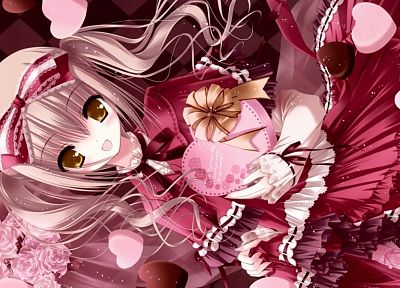 blondes, dress, flowers, chocolate, ribbons, twintails, anime, bouquet, golden eyes, Tinkle Illustrations, roses, anime girls - random desktop wallpaper