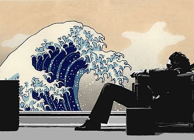 music, waves, men, Japanese, chairs, artwork, Maxell, The Great Wave off Kanagawa - desktop wallpaper
